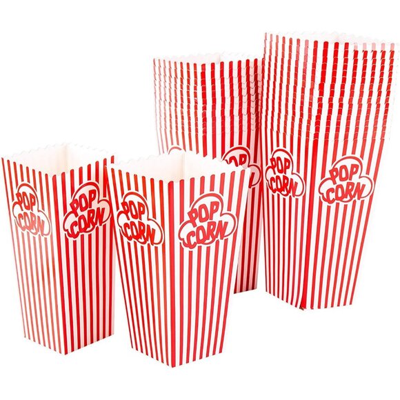 Popcorn Containers Boxes 100 Pack - Striped White and Red Paper - for Home Movie